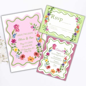 Rosa Blumen-Hochzeitseinladung Vorlage, Sommerhochzeits-Einladung, botanische Einladung, Sofort Download. WSB62