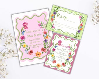 Roze bloemen bruiloft uitnodiging sjabloon, zomer bruiloft uitnodigingssuite, botanische uitnodiging, instant download. WSB62
