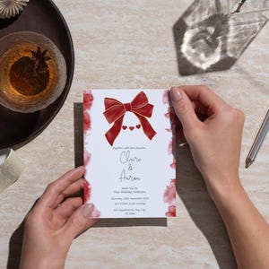 Tarjeta de boda de 12,7 x 18,8 cm, invitación de boda física, tarjeta de invitación con lazo rojo, invitación de boda moderna, tarjeta de boda roja, tarjeta impresa. WI96