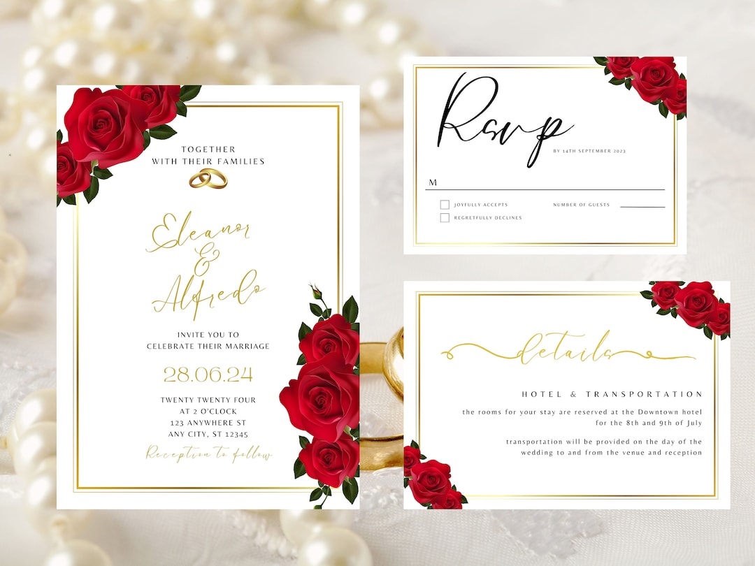 Red Rose Wedding Invitation Set, Red Rose RSVP, Dark Red Floral ...
