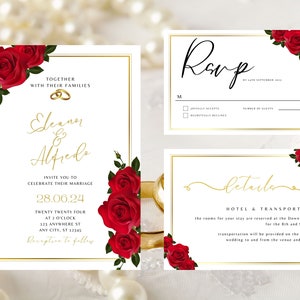 Red Rose Wedding Invitation set, Red Rose RSVP, Dark Red floral, Elegant Red Rose wedding Invitation, Details , Editable,Template, 4