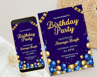 Könnte beinhalten: Eine digitale Einladung und ein Smartphone, das eine Geburtstagsparty-Ankündigung anzeigt. Das Design zeigt einen tiefblauen Hintergrund mit goldenen und blauen Luftballons, Konfetti und dem Text "Birthday Party" und Veranstaltungsdetails.