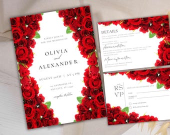 May include: Wedding invitation suite with a red rose border. The invitation reads "Kindly join us for the wedding of Olivia and Alexander, August 20th at 3 PM, 99 Anywhere St, Any City, at 00000". The RSVP card reads "RSVP" with a space for the guest's name, address, phone number, and whether they will be attending with children.
