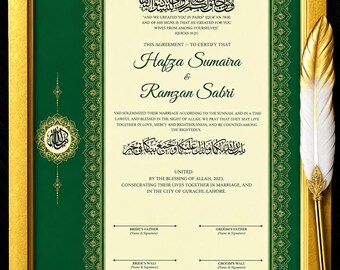 Personalized Nikkah Certificate with Gold Frame & Feather Pen, A4/A3