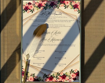 Nikkah-intyg med fjäderpenna och guldram, Nikkah-intyg, Nikkahnama, muslimskt vigselbevis, A4/A3-intyg. 40