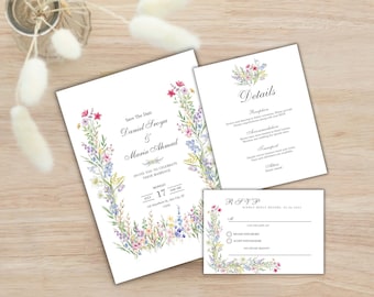 Floral Wedding Invitation Template, Colorful Flowers, Editable RSVP (Digital)