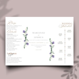 May include: A wedding invitation with the names Marianne and Joshua, featuring a floral design with purple flowers and green leaves. The invitation includes the wedding date, time, and schedule.