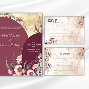 Burgundy Wedding Invitation Template, Wedding Invite Suite, Details Card, Template, Printable RSVP, Download. WI93
