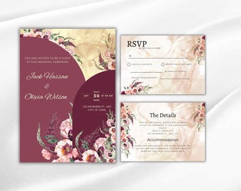 Burgundy Wedding Invitation Template, Wedding Invite Suite, Details Card, Template, Printable RSVP, Download. WI93