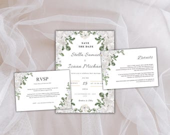 May include: A set of wedding invitation cards with floral accents. The main card reads "Save the Date" with the names Stella Samuel and Izaan Michael. Additional cards include RSVP and details. The design features white flowers and green leaves.