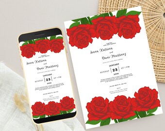 Rote Rosen Hochzeit einladen, Blumenhochzeit, elektronische Hochzeitseinladung, bearbeitbare Hochzeitsvorlage, druckbare Karte rote Rose. Digital. WEI26