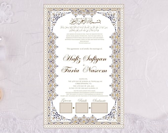 May include: A white wedding certificate with gold and blue ornate borders. The text reads "This agreement is to certify the marriage of Hafiz Sufiyan & Faria Naseem." The date is January 12, 2012, in Chicago, Illinois. The certificate includes spaces for the groom, bride, and soulmate.