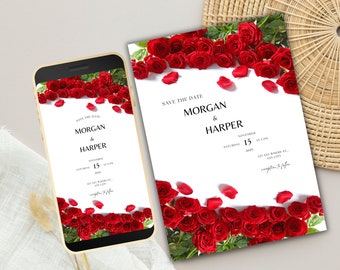 Rote Rose Hochzeitseinladung, elektronische Hochzeit einladen, digitaler Download, rote Rose Hochzeit Evite, Templett. WEI9