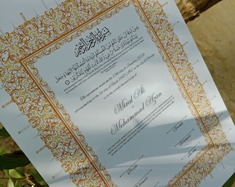 Certificato Nikkah con penna piuma e cornice dorata, certificato Nikkah, Nikkahnama, certificato di matrimonio musulmano, certificato A4/A3. P5