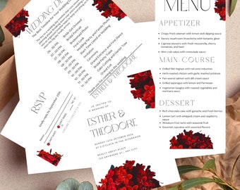 Red Floral Wedding Invitation Template Suite (CMKY PDF)