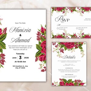 Conjunto de convites florais para casamento, conjunto de convites para casamento em rosa choque para impressão, modelo de casamento estilo boho, cartão de RSVP, cartão de detalhes. WIB73