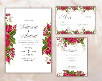 Floral Wedding Invitation Set Template, Printable Hot Pink Rose Wedding Invite Suite, Boho Wedding Template, RSVP Card, Details Card. WIB73