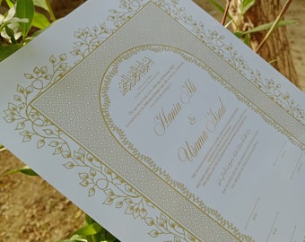 Nikkah-intyg med fjäderpenna och guldram, Nikkah-intyg, Nikkahnama, muslimskt vigselbevis, A4/A3-intyg. P8