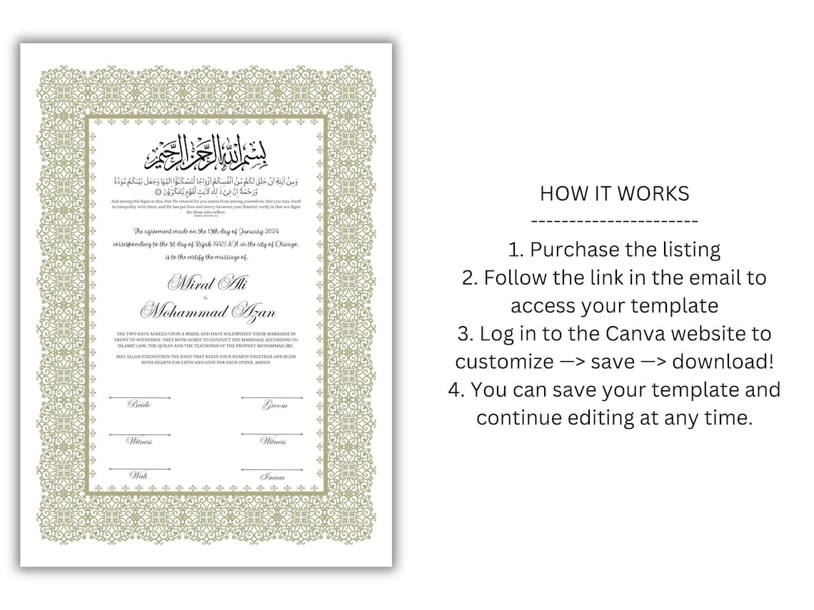 A4/A3 Nikkah Certificate, Nikkah Contract Template Editable, Printable