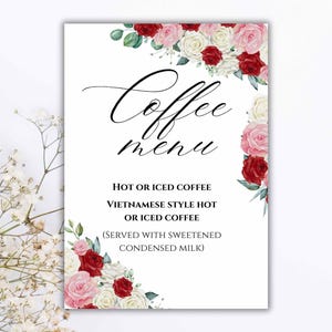 Placa de menu para casamento, menu de cartão de café para impressão, cafeteria editável, sinalização de casamento, modelo de placa de menu de café, modelo editável. ws34