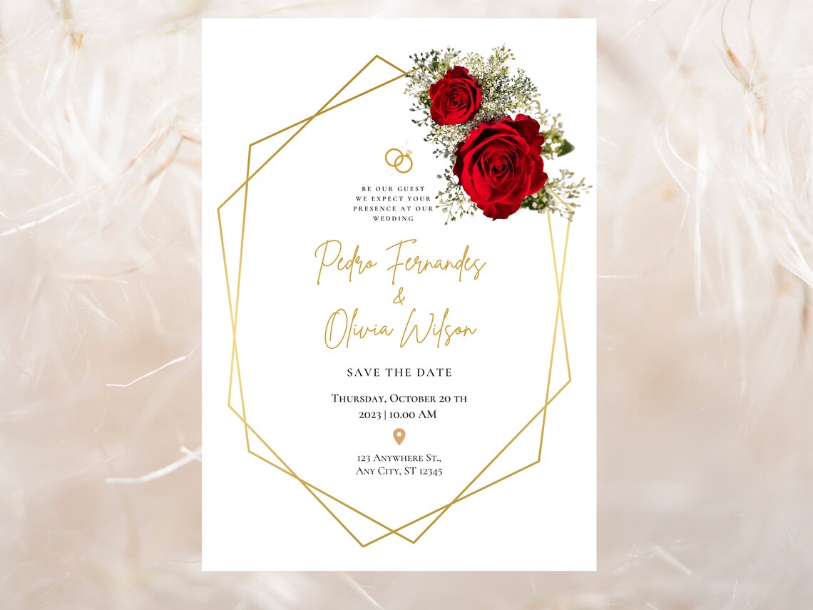 Red Rose Wedding Invitation Template , Red Rose Invite, Elegant Red ...