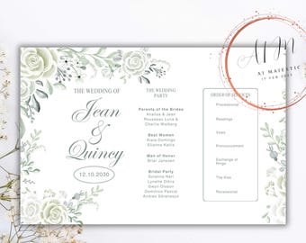 May include: Wedding ceremony order of service with floral design. The wedding is for Jean & Quincy on 12th October 2030. The order of service includes processional, readings, vows, pronouncements, exchange of rings, the kiss, and recessional.