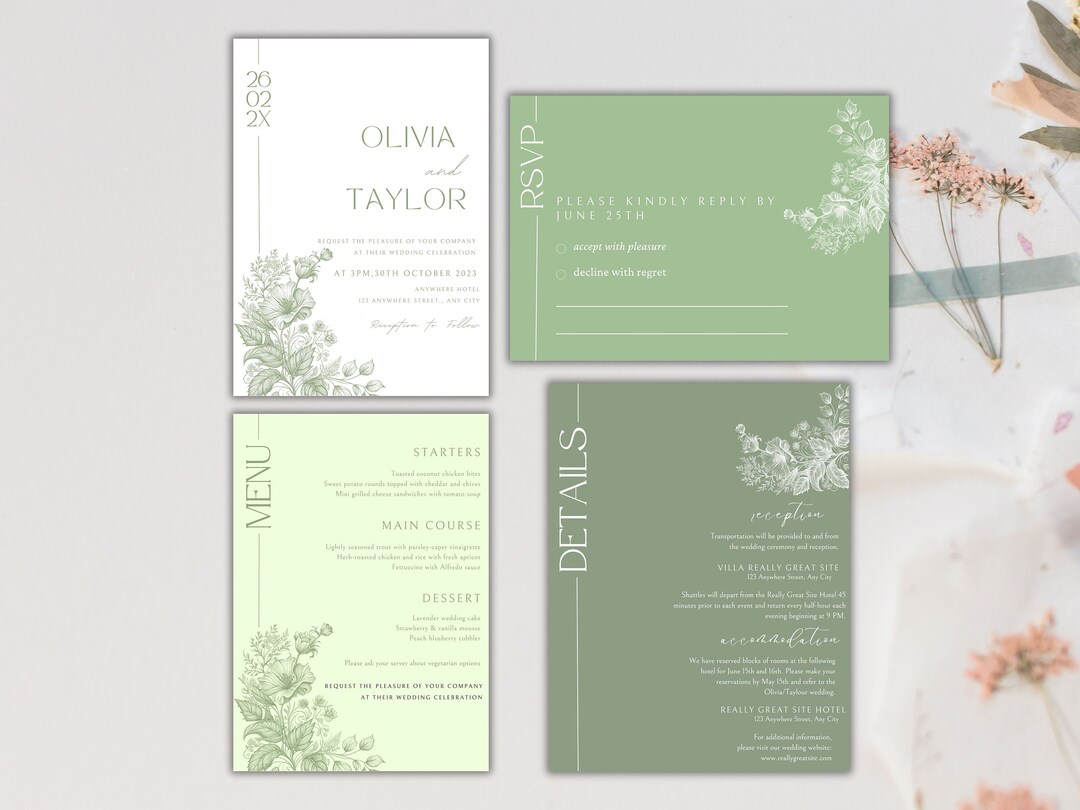 Sage Green Wedding Invitation Suite With Menu Card, Editable Wedding ...