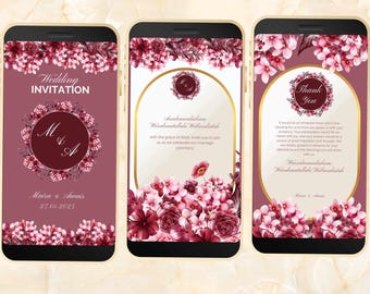 Hochzeitseinladung, Online-Einladungsvorlage, weinrote E-Invite, elektronische Einladung, digitale burgundfarbene Hochzeitseinladung. WEI55