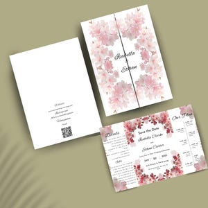 Puede incluir: Conjunto de invitaciones de boda con un diseño floral en tonos rosas. La invitación incluye los nombres "Isabella & Ethan" y los detalles del evento. El conjunto incluye una invitación principal, una tarjeta de detalles y una tarjeta con el programa de la boda.