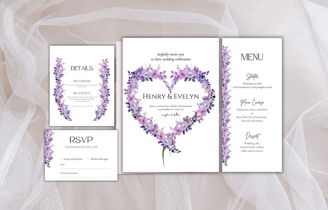 Lavender Floral Wedding Invitation Set Template, Watercolor Lilac ...