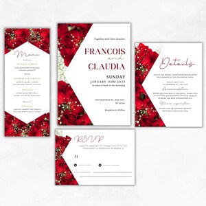 赤いバラの結婚式招待状セット、赤いバラのRSVP、詳細編集可能、メニューカード、印刷可能な結婚式スイート、結婚式招待状テンプレート。WT48