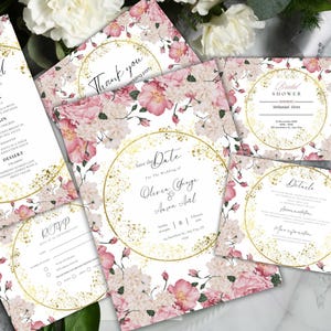 Paquete de invitaciones de boda con rosas rosas, RSVP, tarjeta de agradecimiento, despedida de soltera con rosas rosas, paquete floral, menú de fiesta, tarjeta de detalles, plantilla, WB2