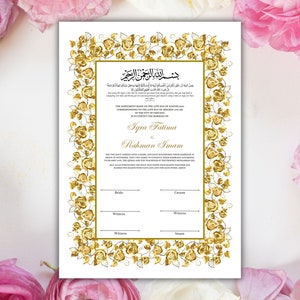 Luxury Nikkah Certificate, Premium A4 Islamic Wedding Contract, Nikkah Nama, Muslim Marriage Certificate, Personalised Names, A4, A3. NN215