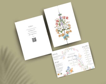 Pode incluir: Conjunto de convites de casamento com um design floral com flores rosa, brancas e laranja. O conjunto inclui um convite, um cartão de detalhes e um cartão de plano do dia. O convite tem o site, Instagram e um código QR.
