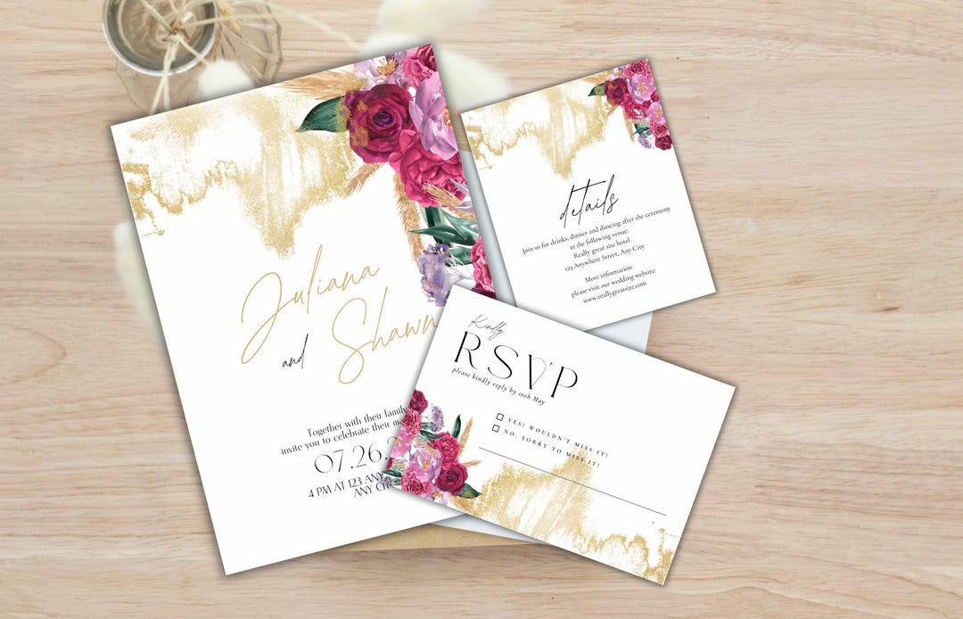 Pink Roses Invite Floral Wedding Invitation Template , Pink Red Roses Invite, Elegant ...