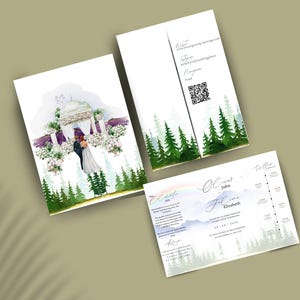 Op de afbeelding: Trouwuitnodigingsset met aquarel illustraties. Het ontwerp bevat een stel onder een prieel, dennenbomen en tekst. De set bevat een uitnodiging, een RSVP-kaart en een detailkaart.