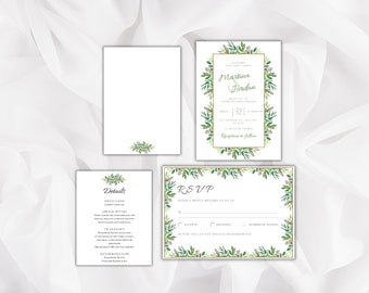 Greenery Wedding Invitation Template, Editable Card, RSVP (Digital Download)
