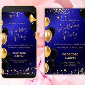 Digital Birthday Dinner Invitation Template, Blue Tie Glam Invite, Animated Blue Golden Diamond Evite , Self Editable eCard. WEIB42