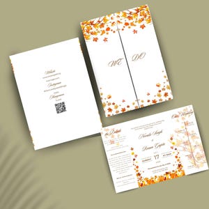 May include: Wedding invitation suite with a fall theme. The invitation features a white background with orange and yellow leaf accents. The text "WE DO" is displayed on the front. The suite includes an invitation, a details card, and an RSVP card.
