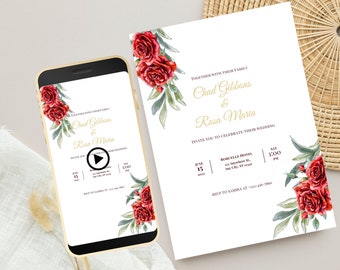 Rote Rose Hochzeitseinladung, elektronische Hochzeit einladen Vorlage, digitaler Download, rote Rose Hochzeit Evite, Templett. WEI11