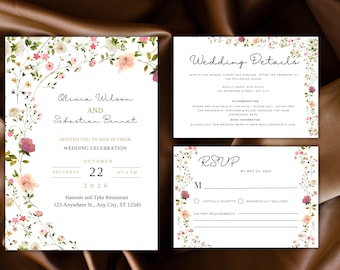 Bruiloft uitnodiging set, Wildflower uitnodiging, bruiloft uitnodiging sjabloon, Boho Wildflower uitnodiging, bewerkbare sjabloon, digitaal. WIT66