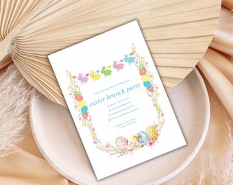 Bearbeitbare Oster-Brunch-Einladung, Ostereiersuche einladen, Oster-Party-Brunch-Einladung, Blumen-Ostern-Einladung, Häschen-Einladung. ESB42