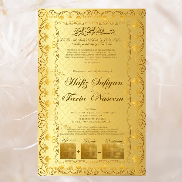 Nikkah Certificate Gold , Authentic Islamic Wedding Thumb Impression Agreement, Premium Islamic Wedding Contract, Digital. NN15