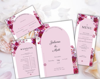Juego de invitaciones de boda con rosas rosadas, paquete de invitaciones florales (plantilla editable)