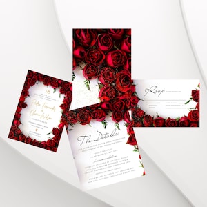 赤いバラの結婚式招待状セット、赤いバラのRSVP、濃い赤の花柄、赤いバラの結婚式招待状、詳細、編集可能、テンプレート、2