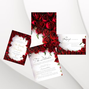 Red Rose Wedding Invitation set, Red Rose RSVP, Dark Red floral, Elegant Red Rose wedding Invitation, Details ,Shimmey, Editable,Template, 2