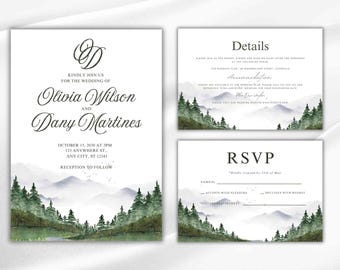 May include: Wedding invitation suite with a watercolor illustration of a mountain range and forest. The invitation includes the names "Olivia Wilson" and "Dany Martines", the date "October 13, 2030", and the time "3 PM". The RSVP card includes the text "Kindly respond by 15th of May".