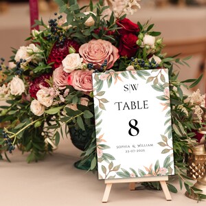 結婚式のテーブル番号テンプレート、結婚式のテーブル番号、ピンクの花、花輪、印刷可能なテーブル番号、結婚式の座席表。TS2