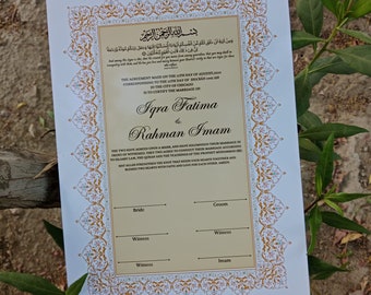 Nikkah Certificate with Gold Frame and Feather Pen, Muslim Marriage Contract, A3/A4