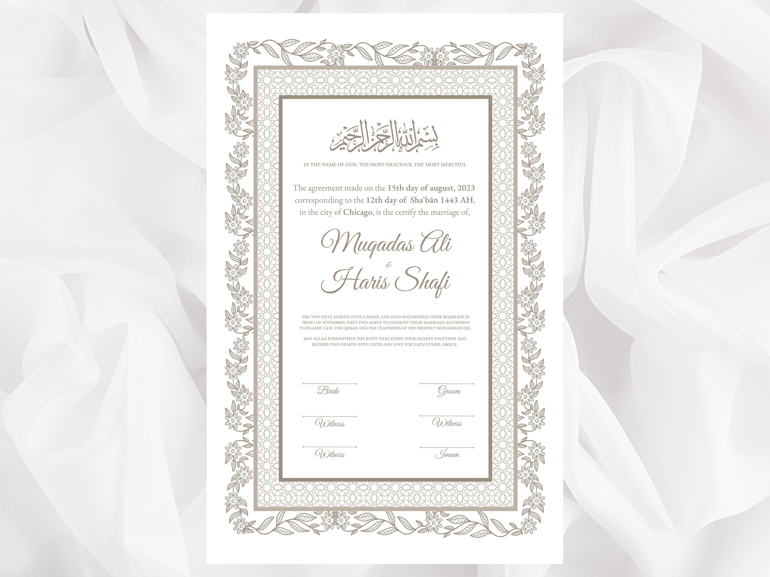 Nikkah Certificate Digital Download, Editable, Template, Muslim Contract, Muslim Marriage, Template, Instat Download. NN61